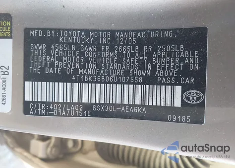 2006 Toyota Avalon Xls from USA, damaged, VIN 4T1BK36B06U107558